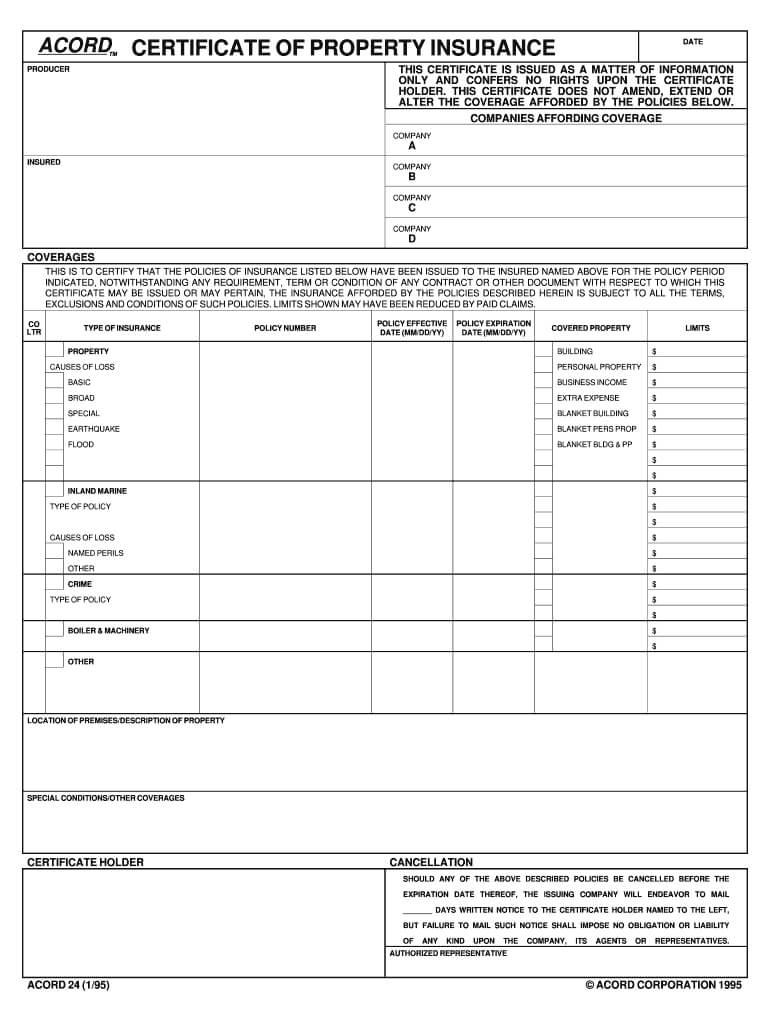 1995 Form Acord 24 Fill Online, Printable, Fillable, Blank Regarding Acord Insurance Certificate Template
