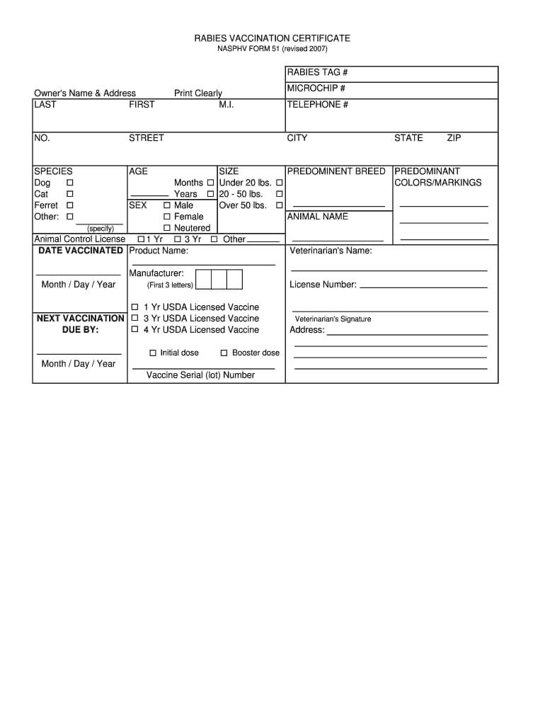 2007 2020 Cdc Nasphv Form 51 Fill Online, Printable Inside Rabies Vaccine Certificate Template