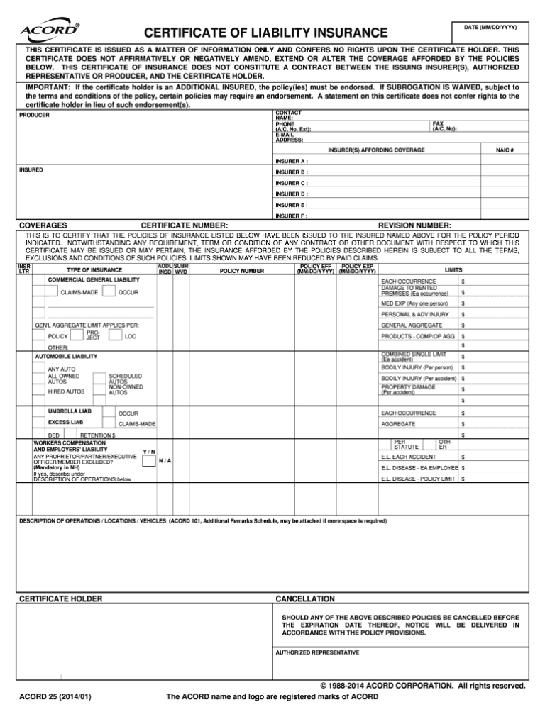 Certificate Of Insurance Template