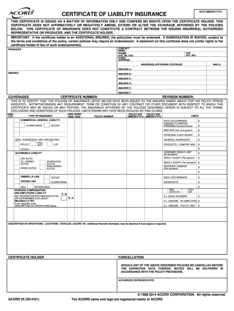 2014 2020 Form Acord 25 Fill Online, Printable, Fillable Within Certificate Of Insurance Template