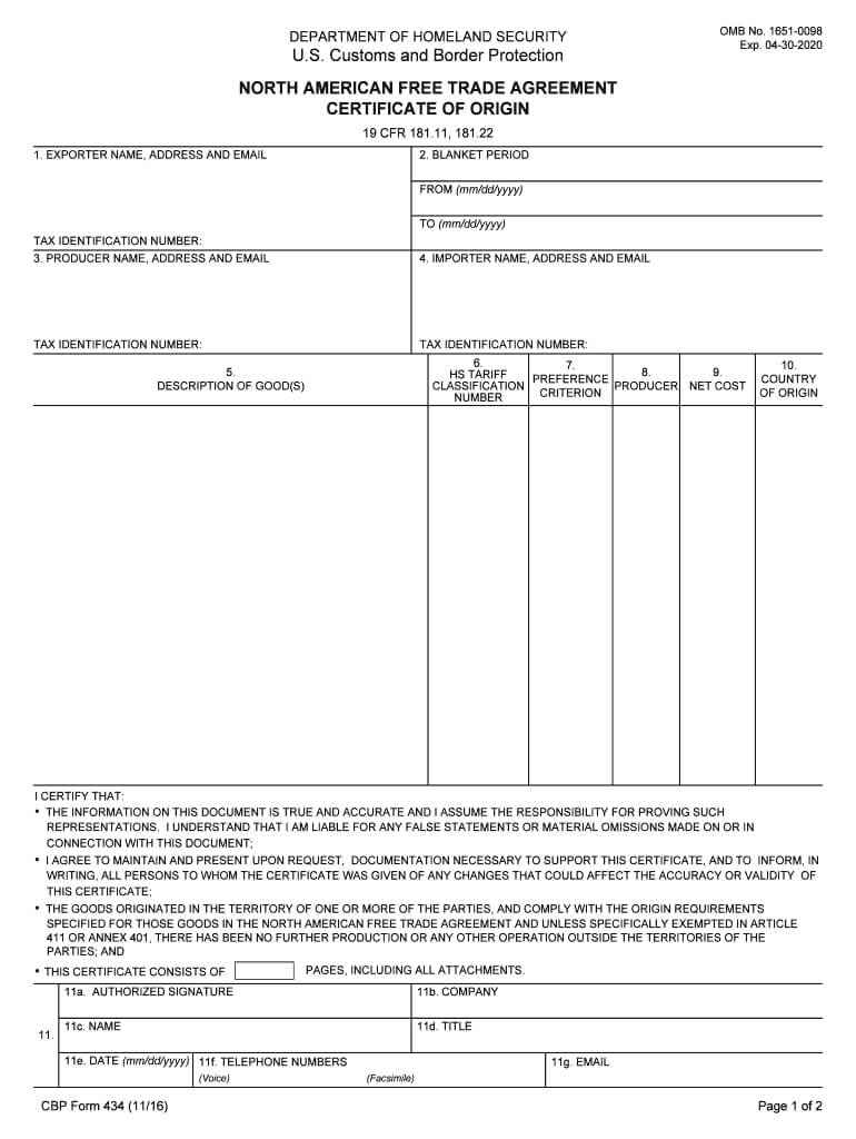 2016 2020 Form Cbp 434 Fill Online, Printable, Fillable For Nafta Certificate Template