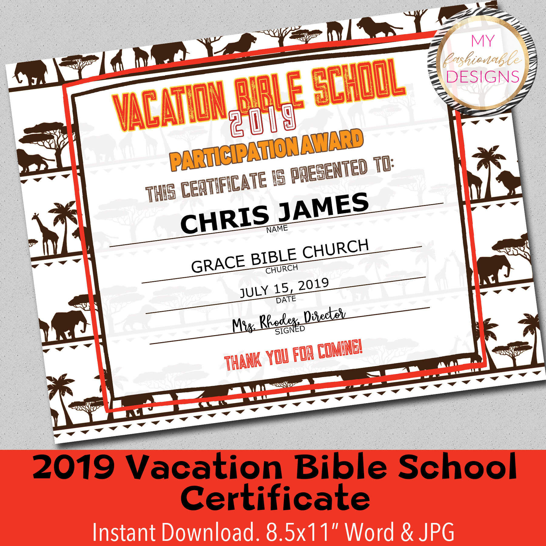 2019 Vbs Certificate, Vacation Bible School, Lion Roar Vbs, Instant  Download – 8.5X11" Word And Jpg Regarding Vbs Certificate Template