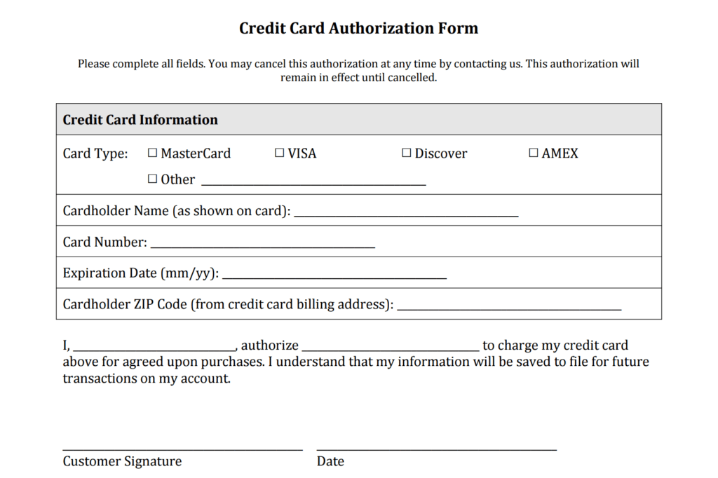 Credit Card Authorization Form Template Pdf Fillable Inside Customer Information Card