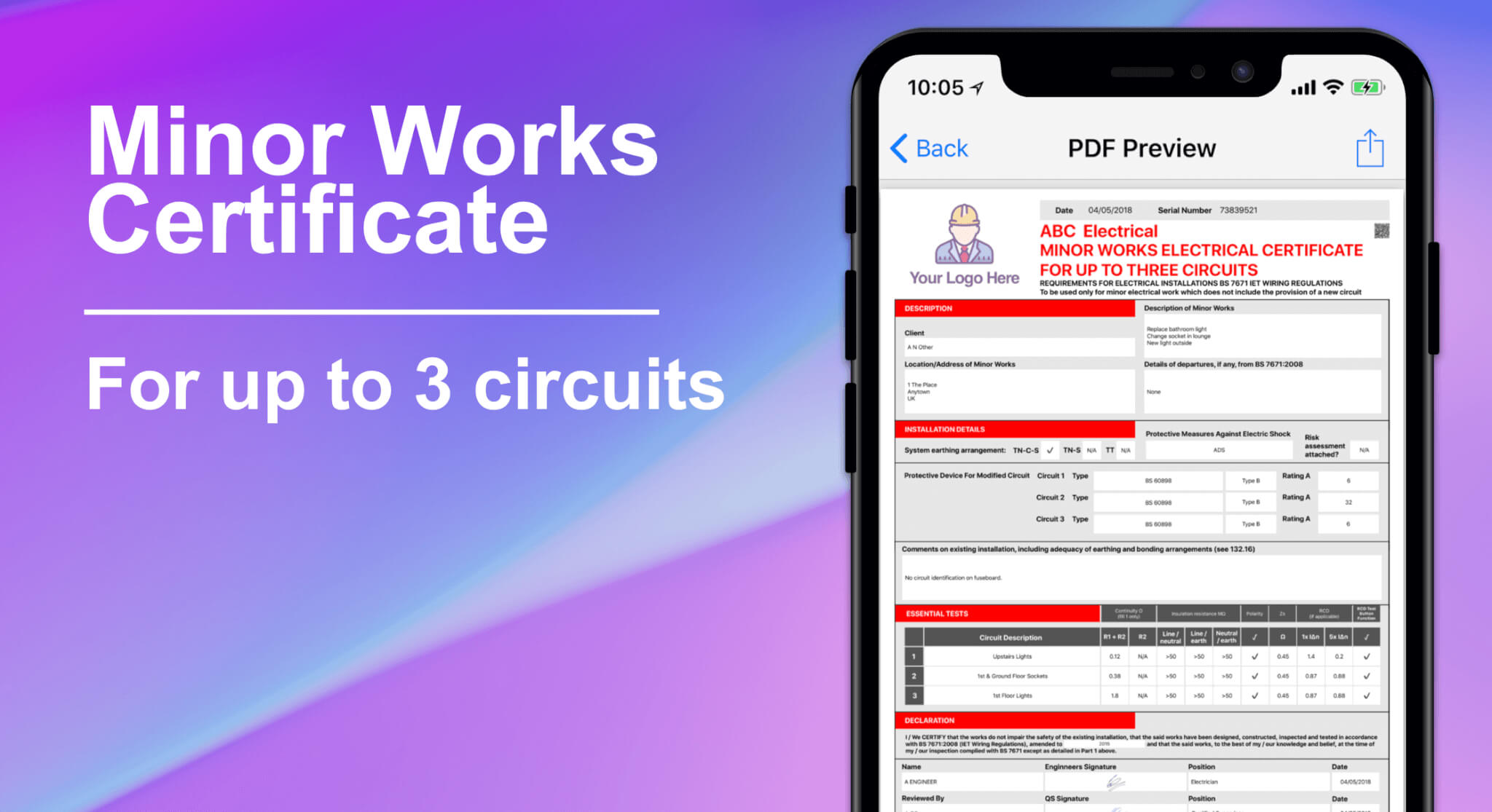 3 Circuit Minor Works Electrical Certificate – Icertifi Within Electrical Minor Works Certificate Template