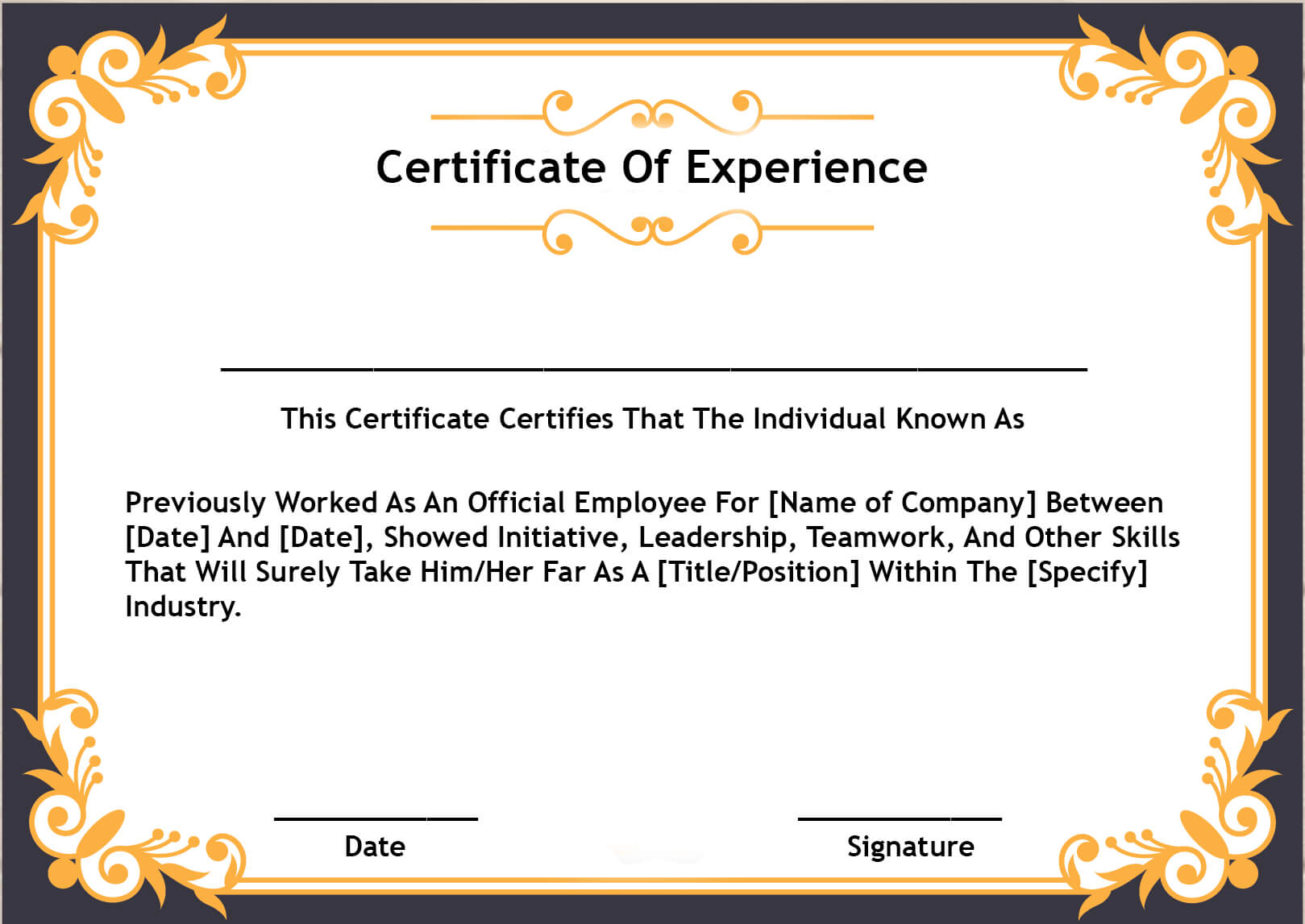 4+ Samples Certificate Of Experience Template | Certificate With Certificate Of Experience Template