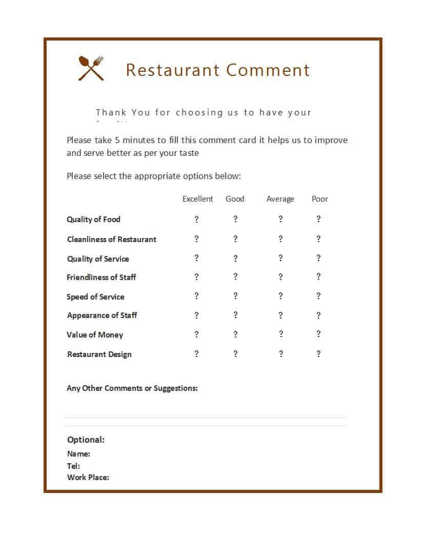 9 Restaurant Comment Card Templates - Free Sample Templates With Restaurant Comment Card Template