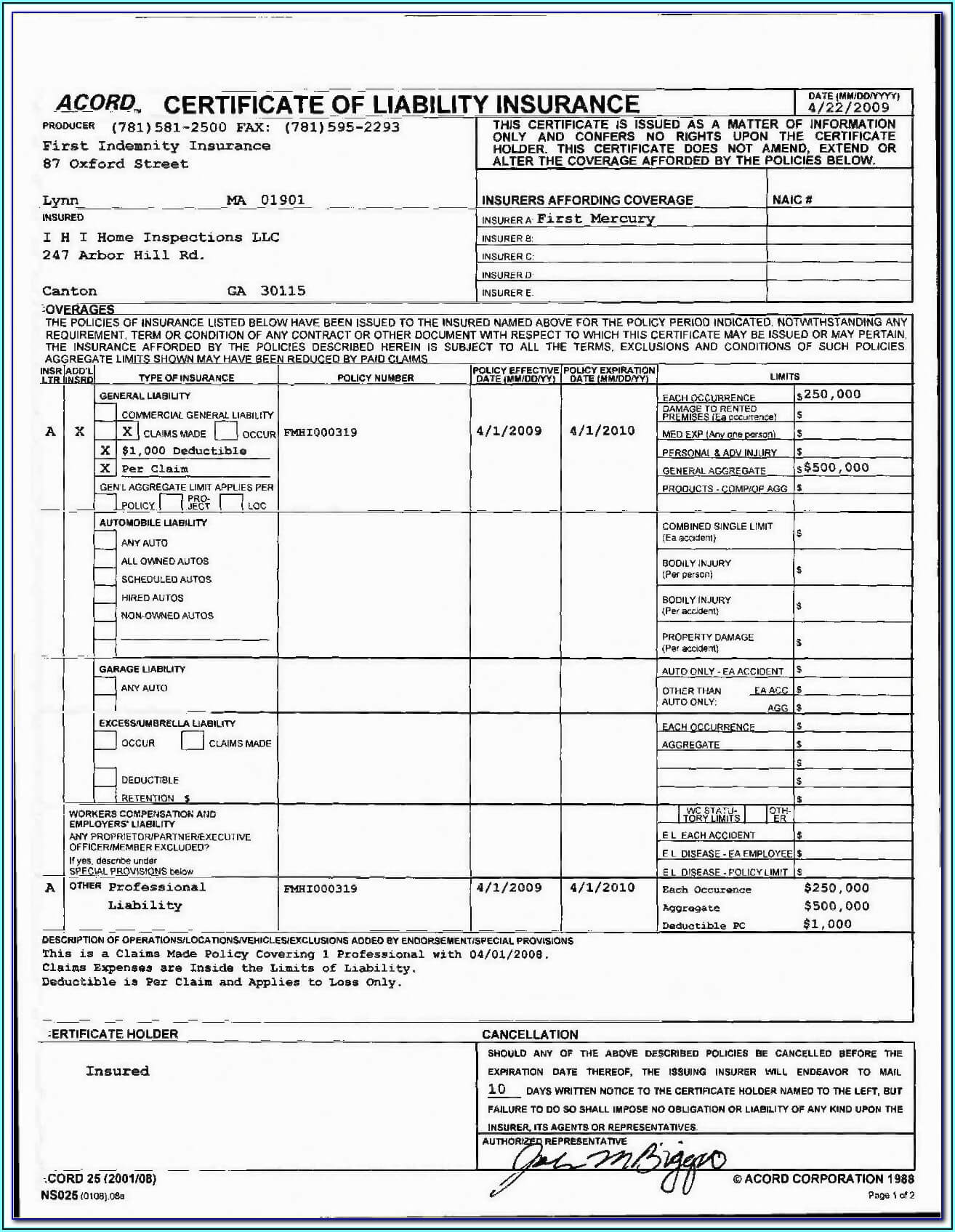 Acord Certificate Of Liability Insurance Form 2018 – Form Within Certificate Of Liability Insurance Template