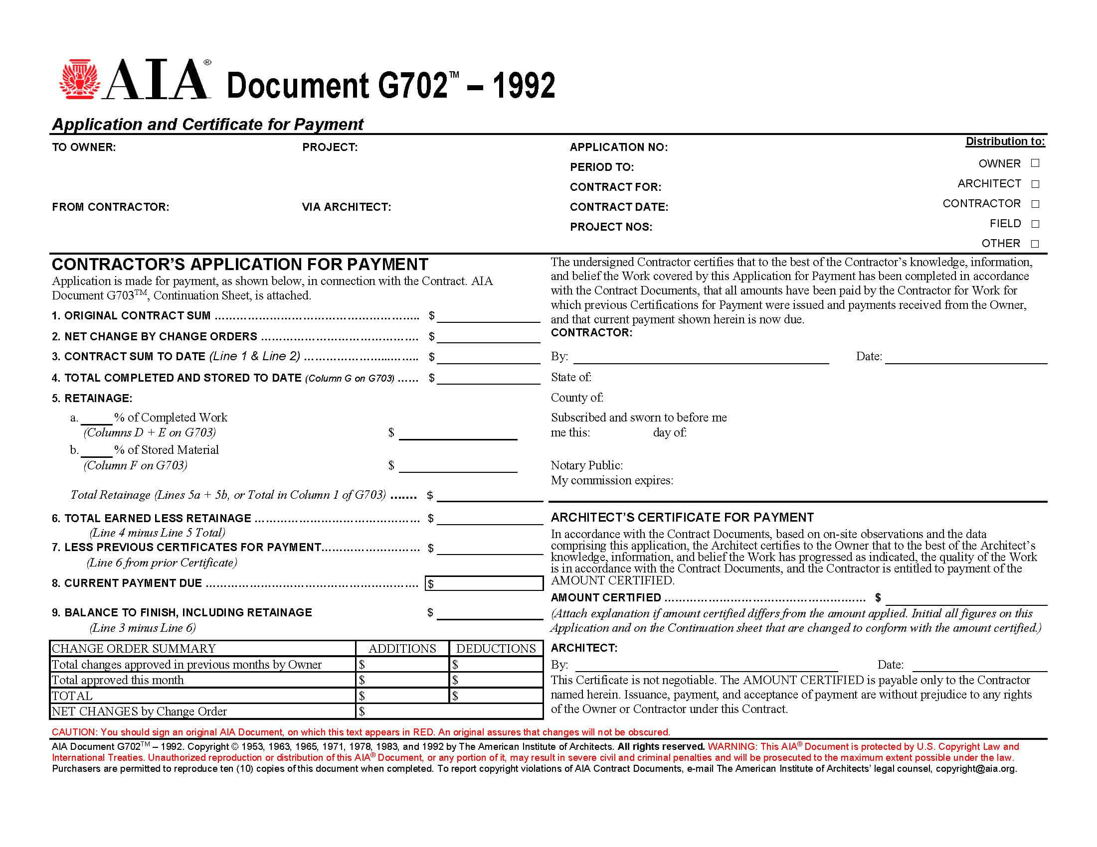 Aia Forms G702 & G703 Application, Certificate, And Continuation Pertaining To Construction Payment Certificate Template