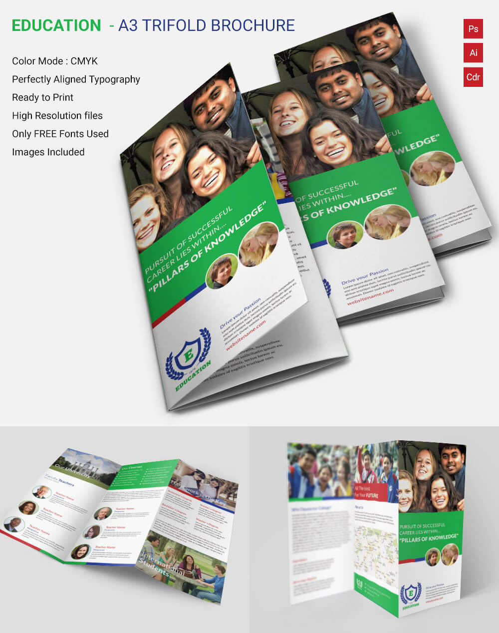 Attractive Education A3 Tri Fold Brochure Template | Free Regarding Tri Fold Brochure Template Indesign Free Download