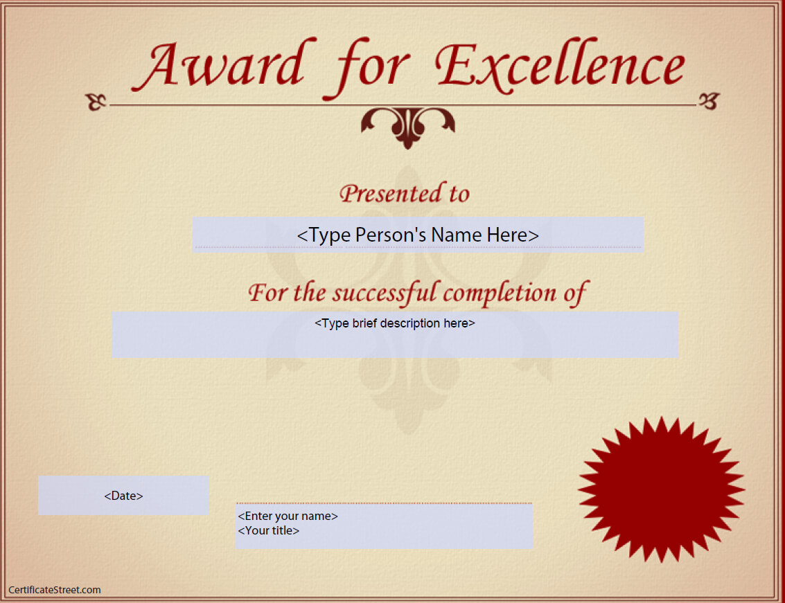 Award For Excellence Certificate | Templates At Within Life Saving Award Certificate Template
