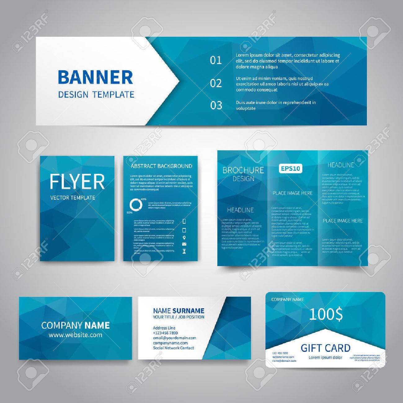 Banner, Flyers, Brochure, Business Cards, Gift Card Design Templates Set  With Geometric Triangular Blue Background. Corporate Identity Set, Pertaining To Advertising Cards Templates