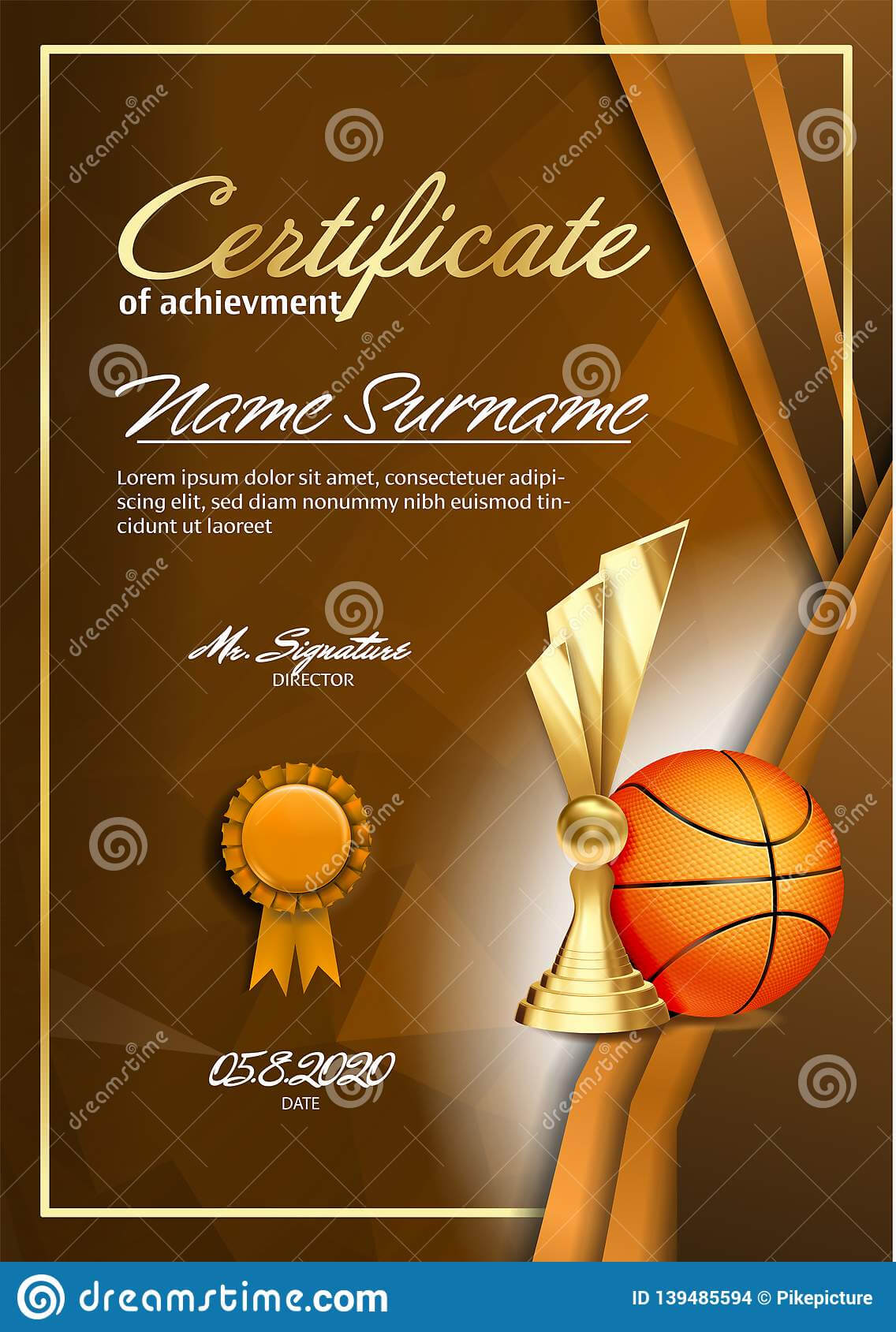 Basketball Certificate Diploma With Golden Cup Vector. Sport Throughout Basketball Certificate Template