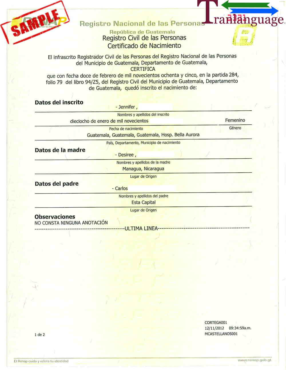 Birth Certificate Guatemala Intended For Spanish To English Birth Certificate Translation Template