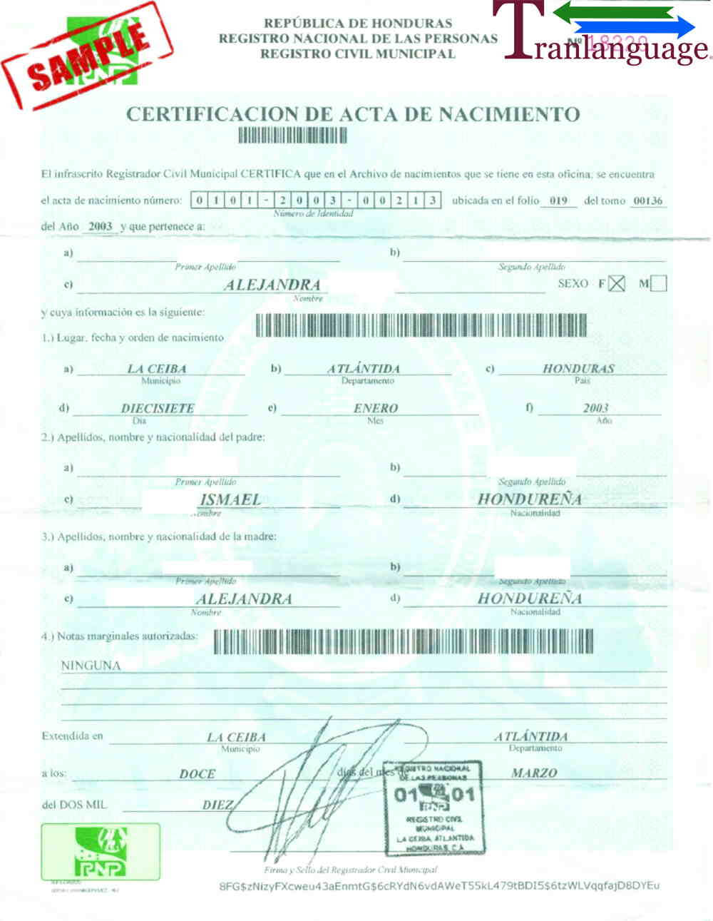 Birth Certificate Honduras With Birth Certificate Translation Template English To Spanish