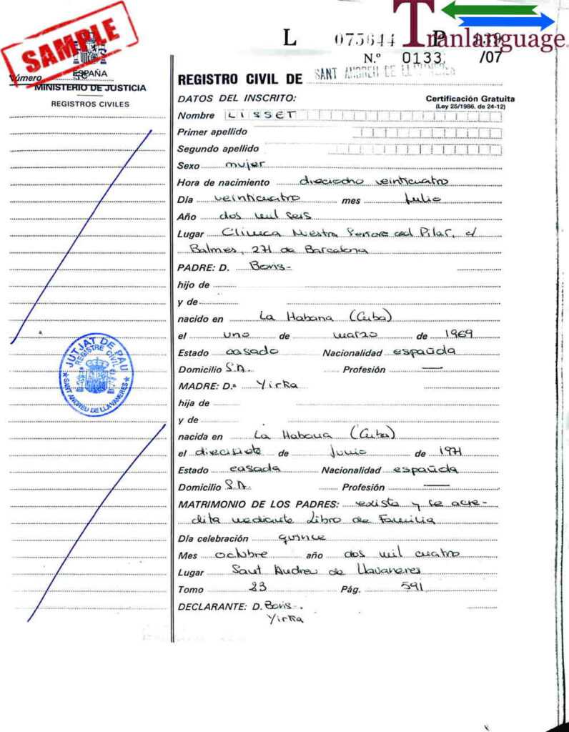 Birth Certificate Spain Regarding Birth Certificate Translation   Birth Certificate Spain Regarding Birth Certificate Translation Template English To Spanish 796x1024 