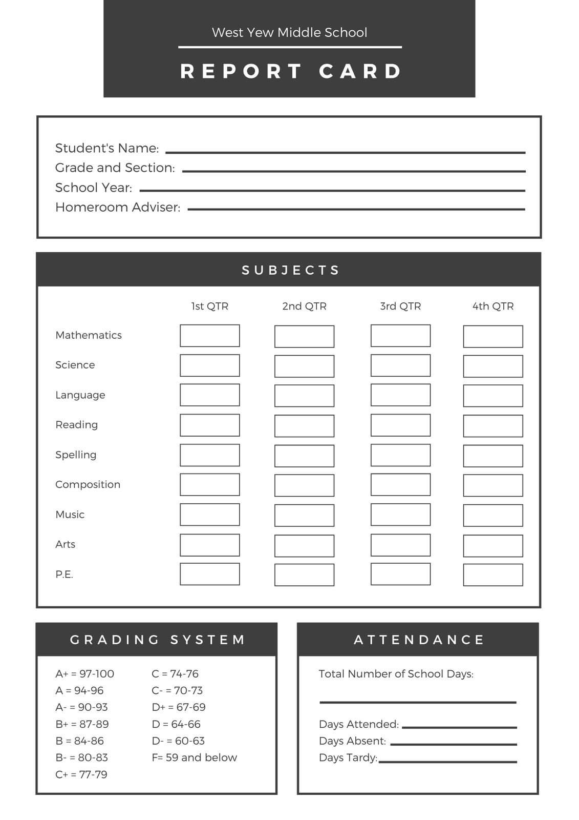 Black White Middle School Report Card – Templatescanva With Regard To Middle School Report Card Template