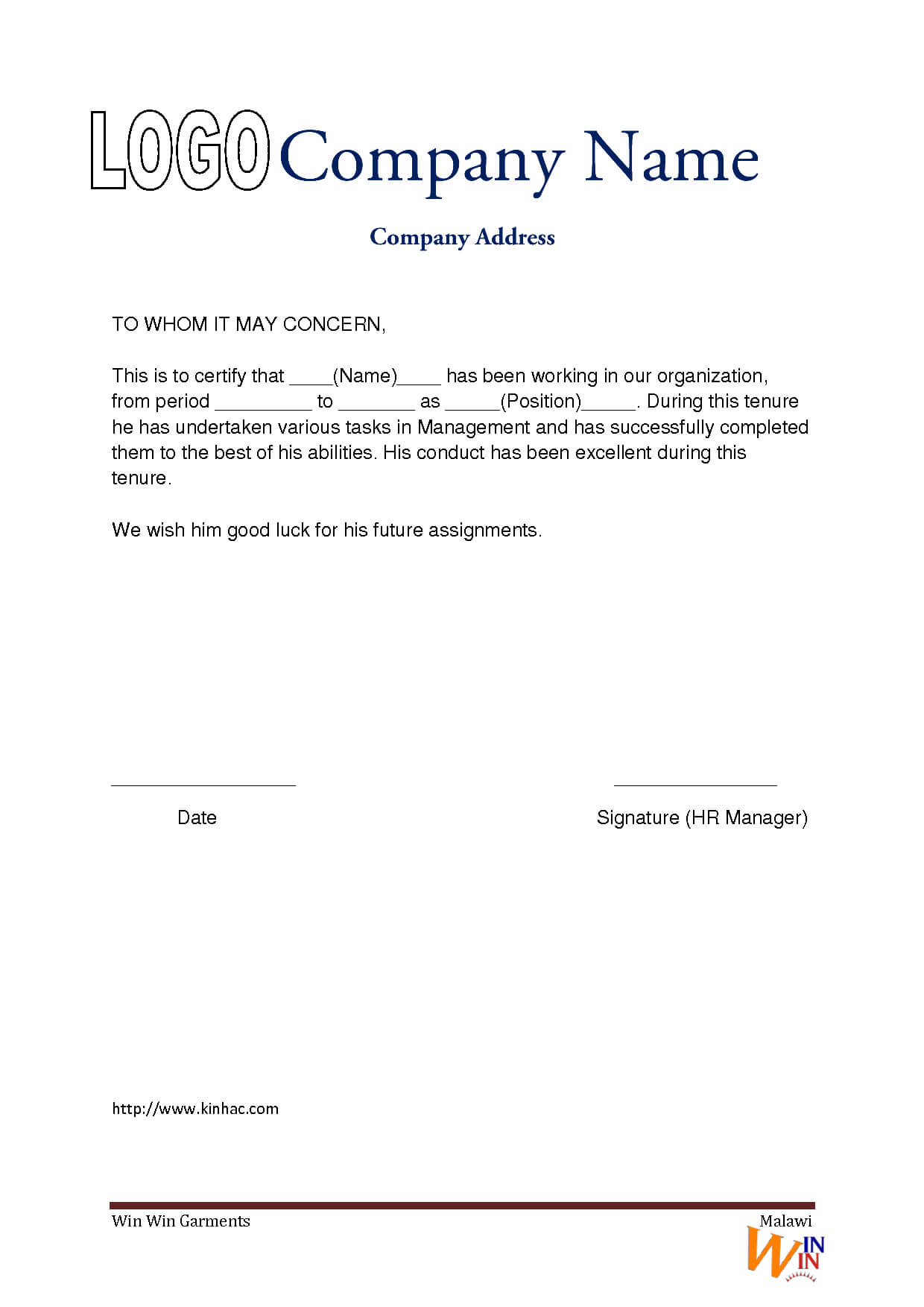 Blank Job Experience Letter Template Example Free Download With Regard To Good Conduct Certificate Template