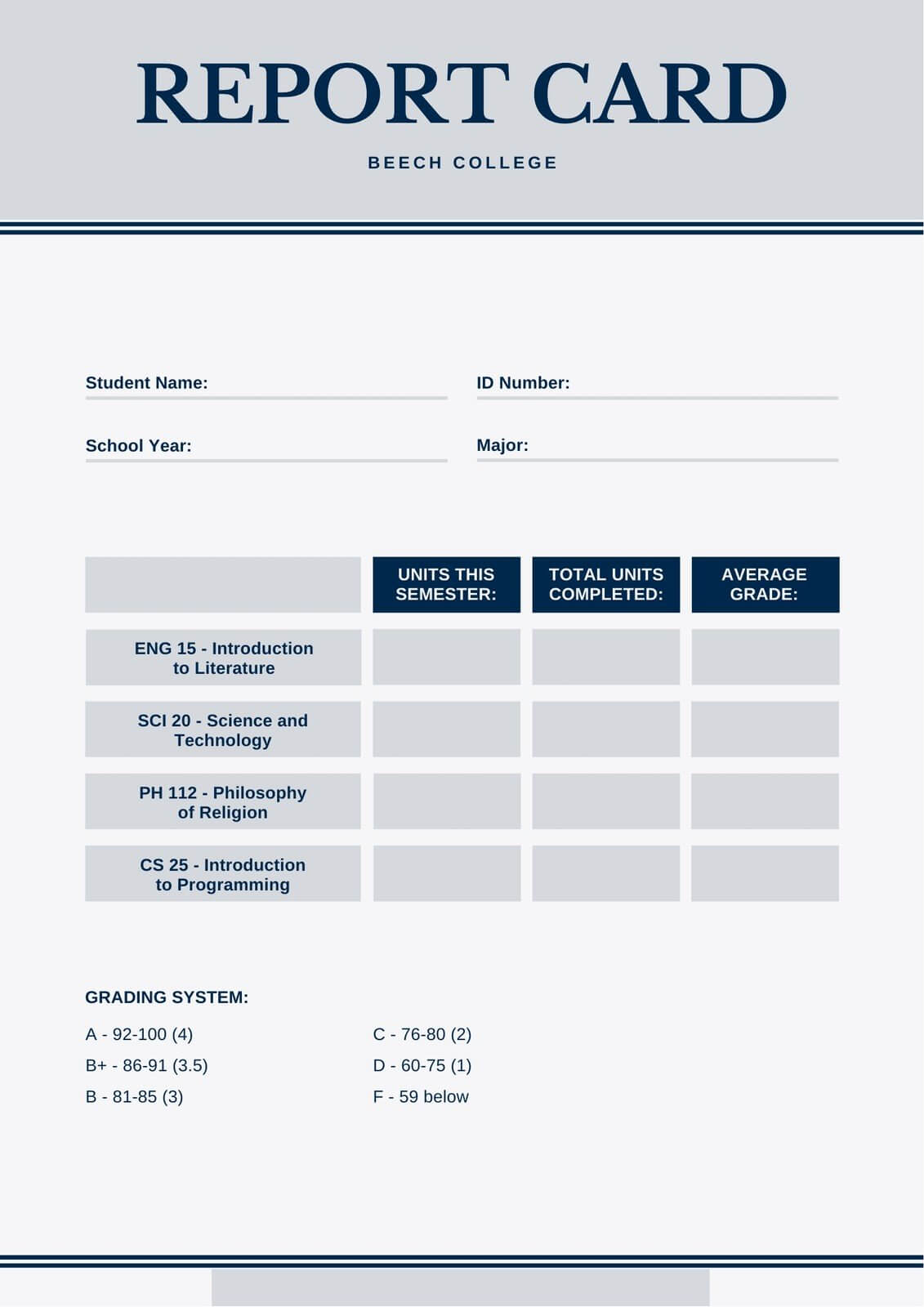 Blue And Gray Simple College Report Card - Templatescanva Within College Report Card Template