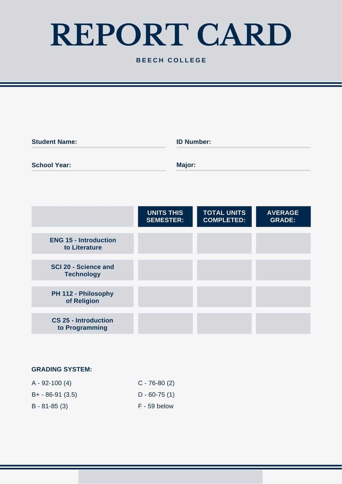 Blue And Gray Simple College Report Card - Templatescanva Within College Report Card Template