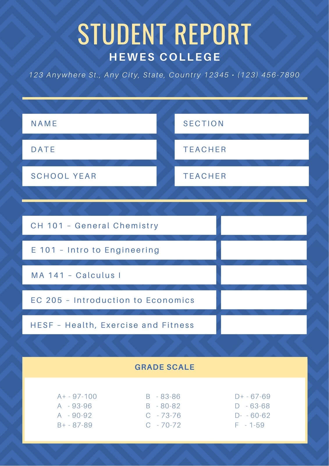 Blue Diamond Pattern College Report Card – Templatescanva Pertaining To College Report Card Template