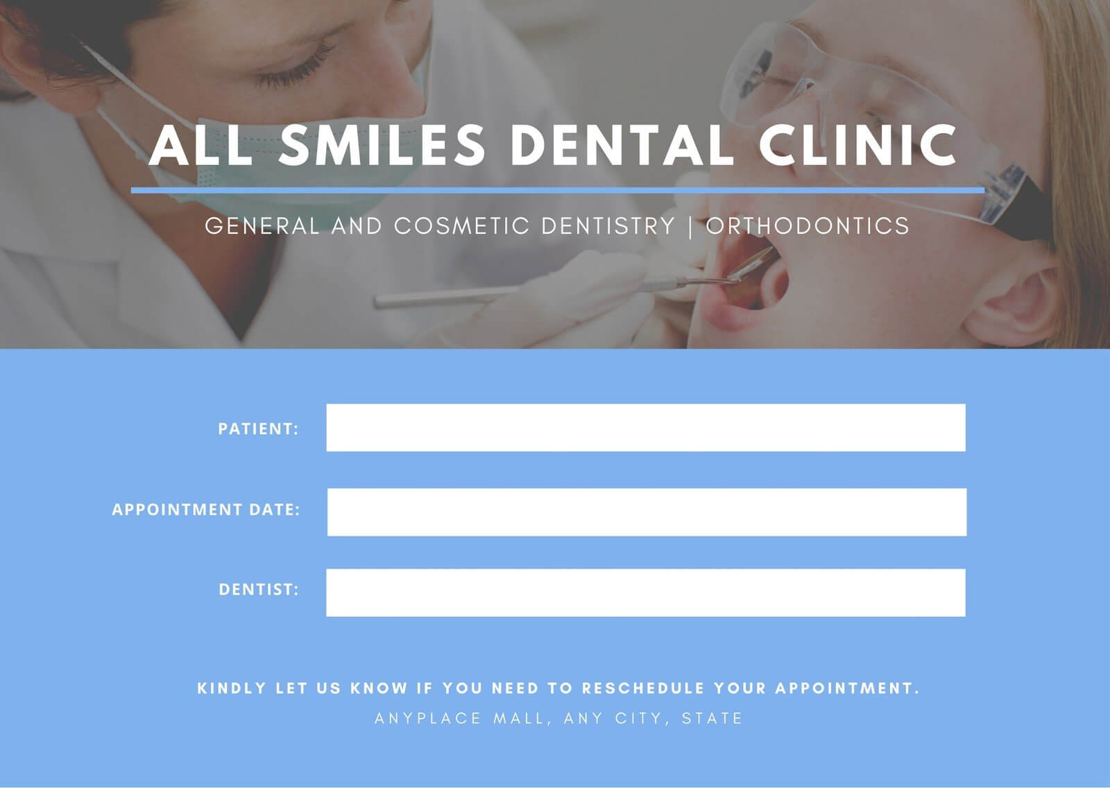 Blue Patient Photo Dentist Appointment Card – Templatescanva Within Dentist Appointment Card Template