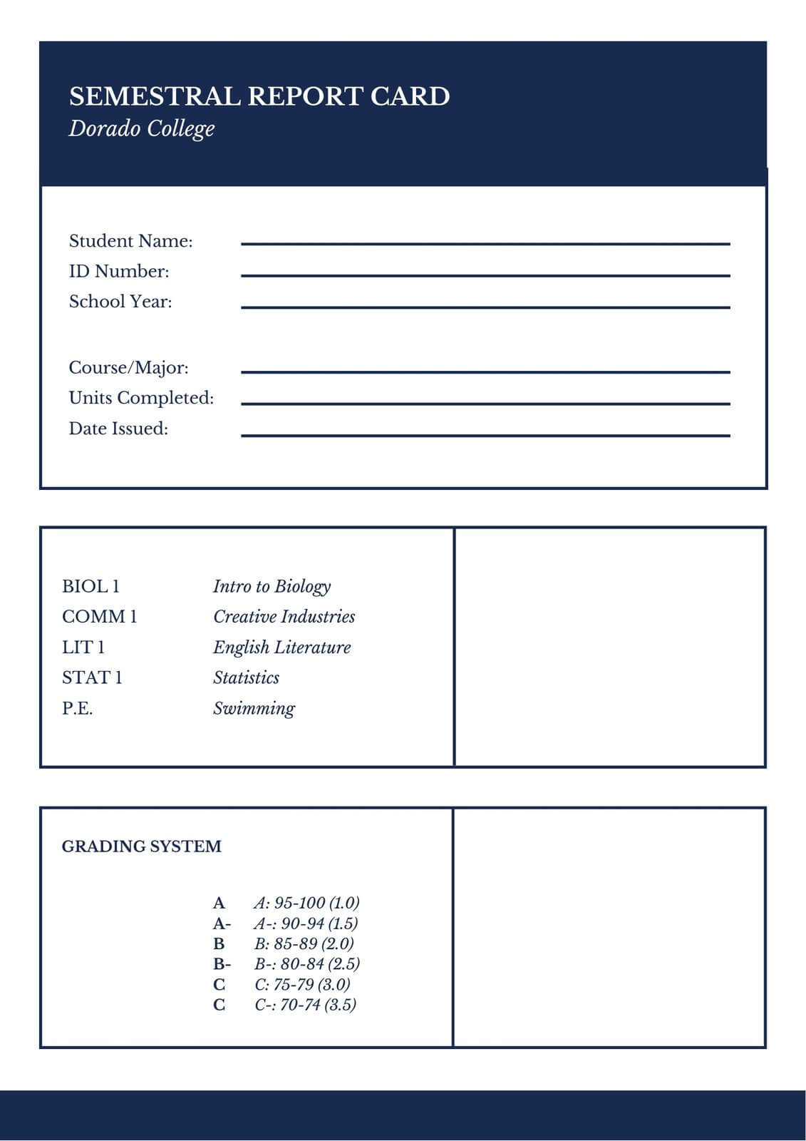 Blue Simple Semestral College Report Card – Templatescanva Within College Report Card Template