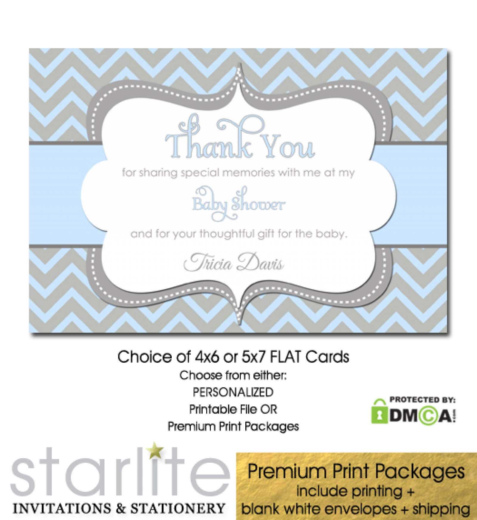 Boy Baby Shower Thank You Card Blue Grey Chevron Inside Template For Baby Shower Thank You Cards