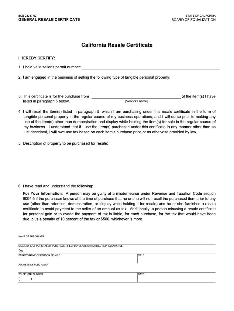 California Resale Certificate Form – Fill Online, Printable With Resale Certificate Request Letter Template