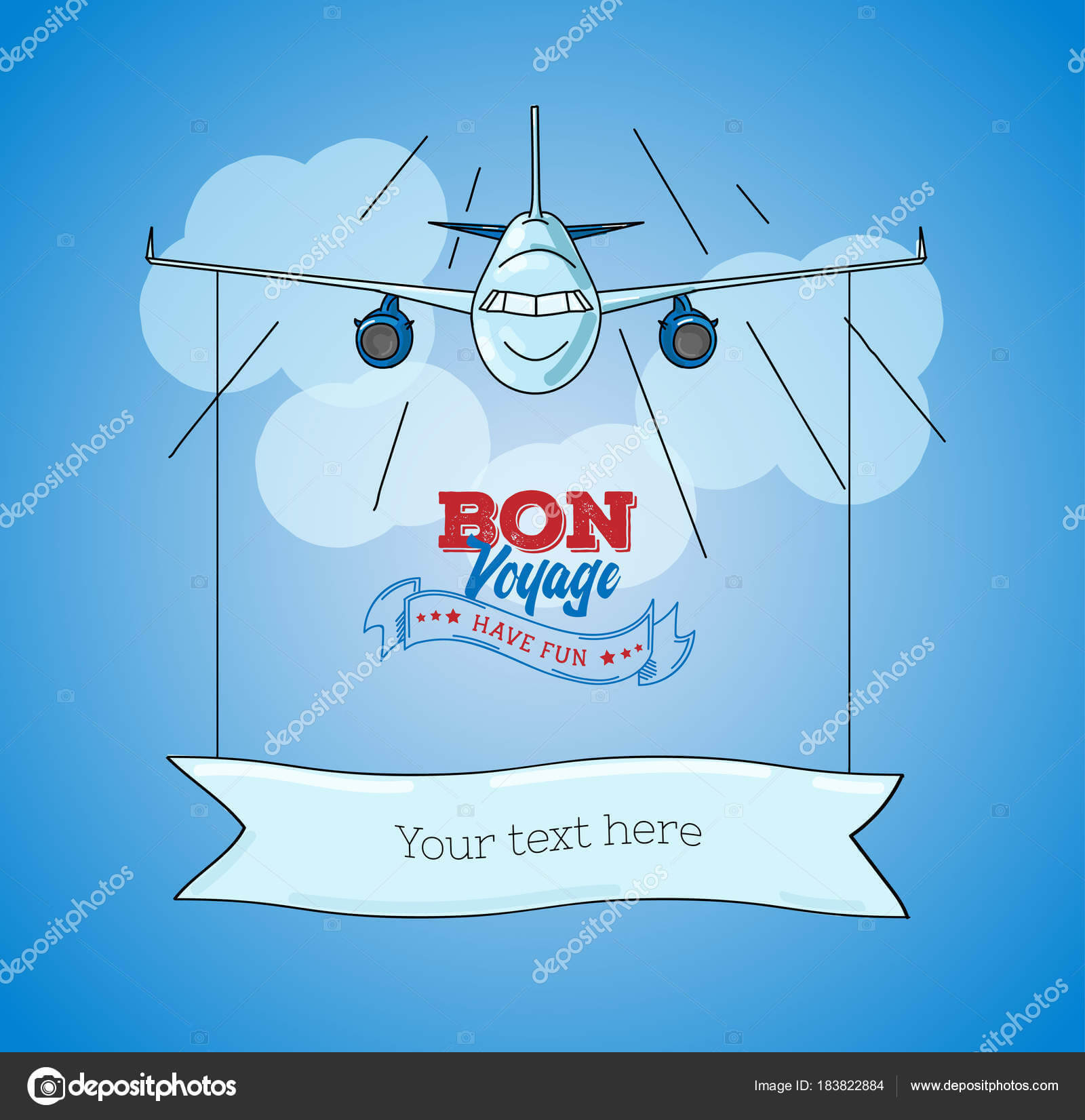 Card Template With Plane Graphic Illustration On Blue Sky With Bon Voyage Card Template