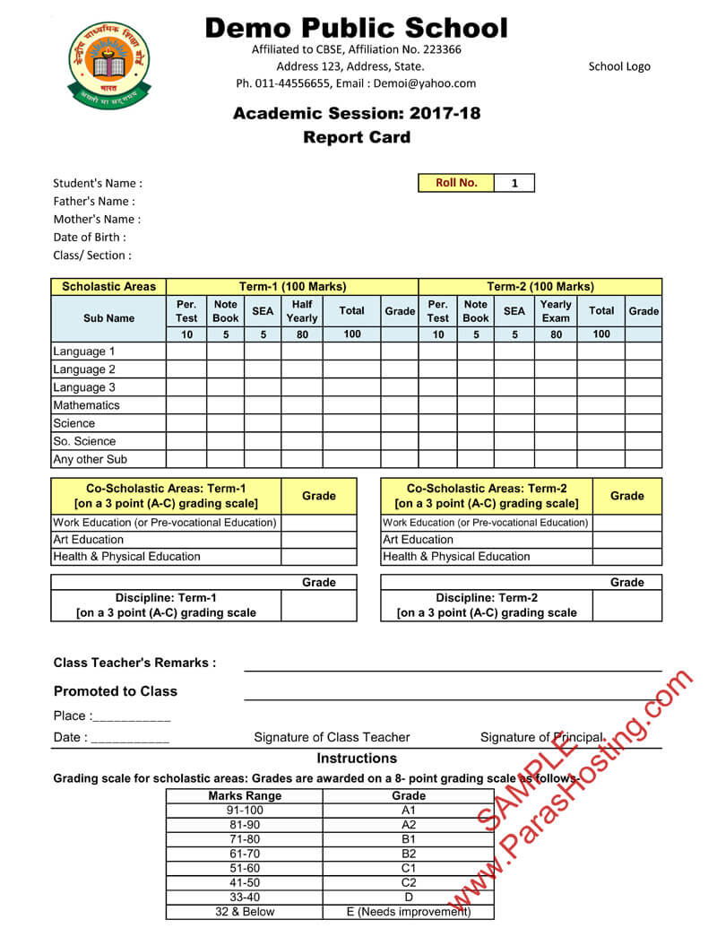Cbse Report Card Format For Primary Classes  I To V In Result Card Template
