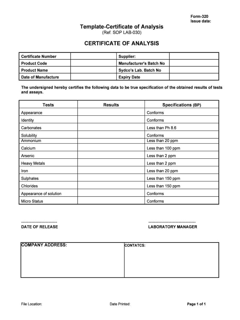 Certificate Of Analysis Template – Fill Online, Printable With Certificate Of Appearance Template