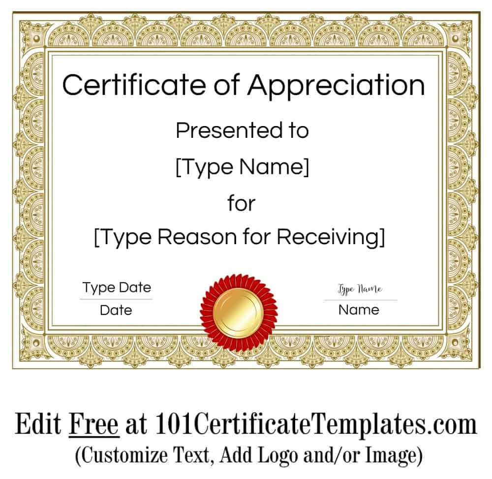 Certificate Of Appreciation For Certificate Of Appreciation Template Free Printable