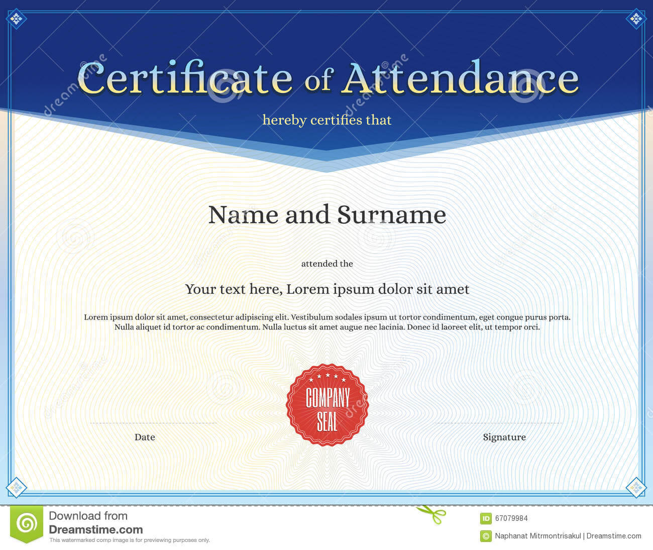 Certificate Of Attendance Template In Vector Stock Vector Throughout Perfect Attendance Certificate Free Template