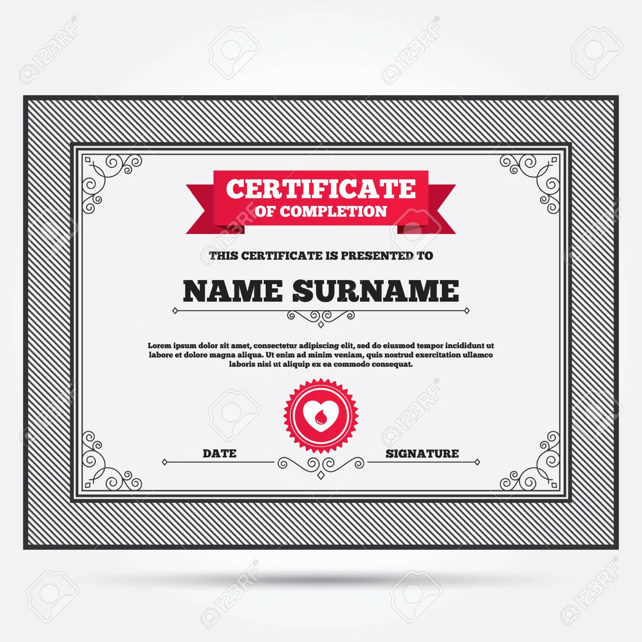 Certificate Of Completion. Blood Donation Sign Icon. Medical.. With Regard To Donation Certificate Template