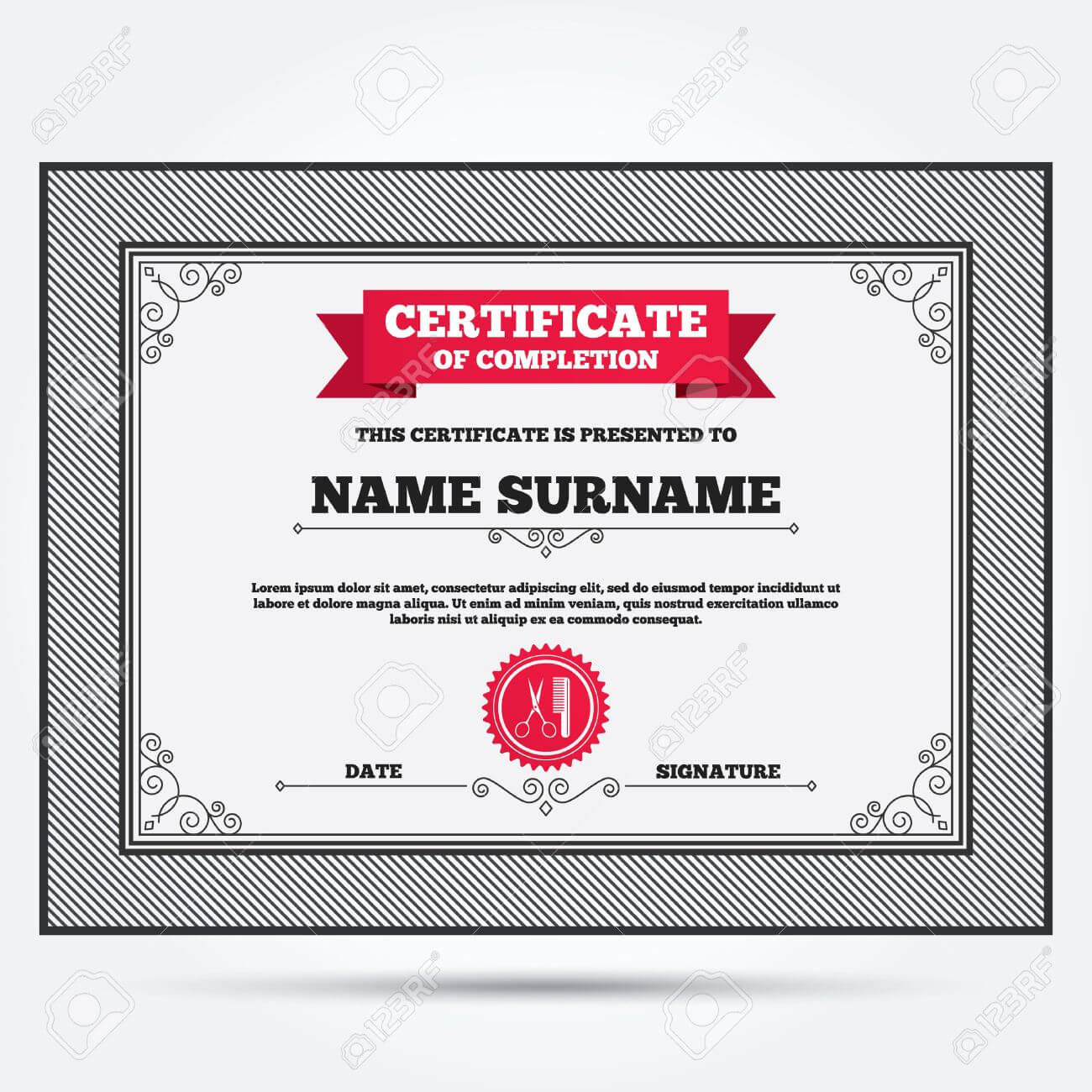 Certificate Of Completion. Comb Hair With Scissors Sign Icon Throughout Certificate Of License Template
