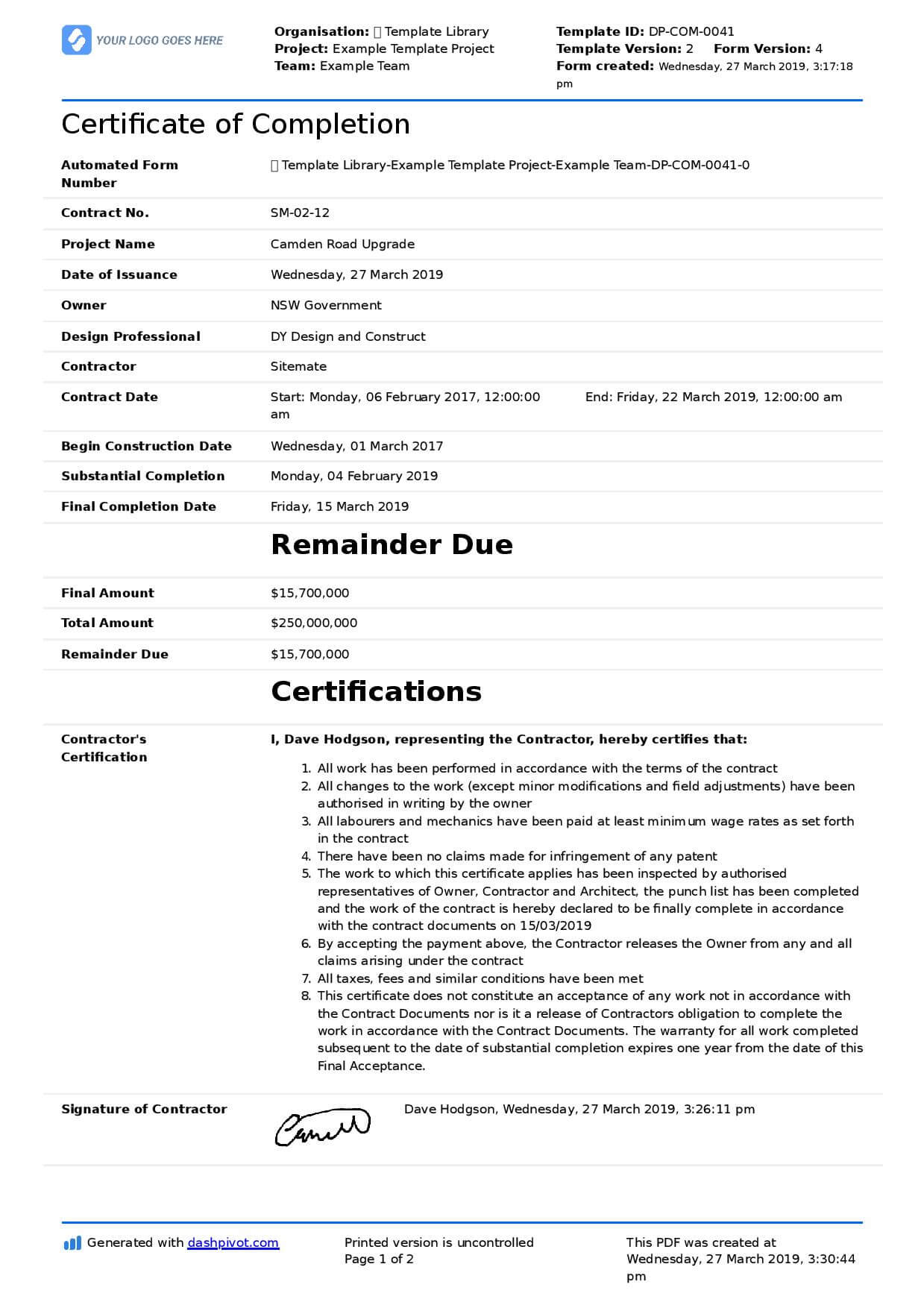 Certificate Of Completion For Construction (Free Template + With Regard To Construction Payment Certificate Template