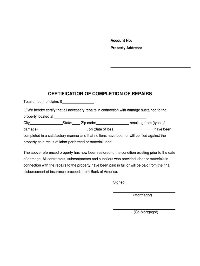 Certificate Of Completion For Insurance Purposes – Fill With Certificate Of Completion Template Construction