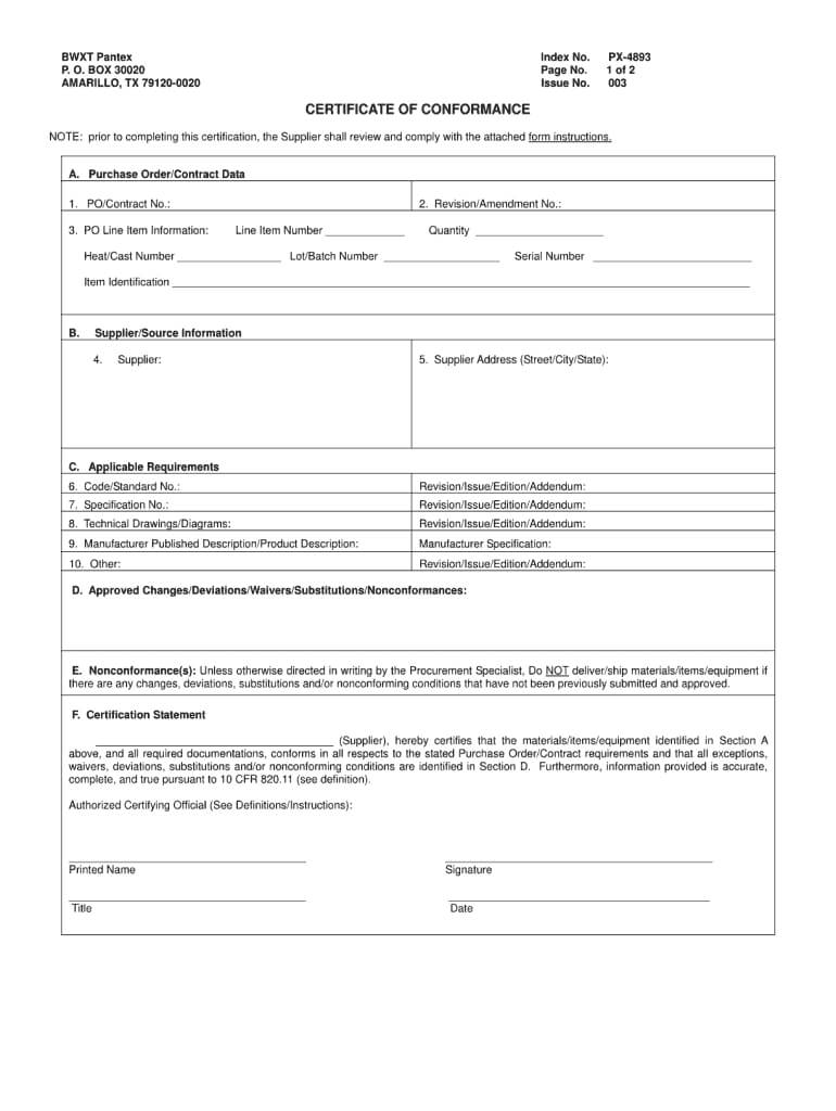Certificate Of Conformance Template – Fill Online, Printable In Certificate Of Compliance Template