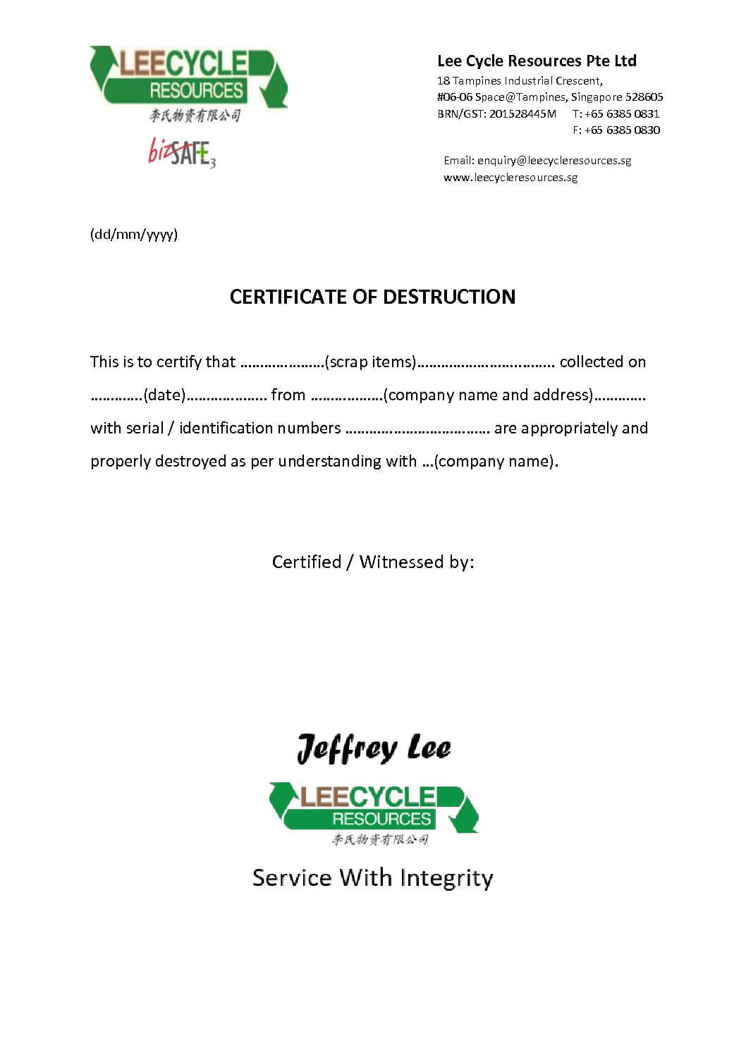 Certificate Of Destruction – Leecycle Resources Singapore In Certificate Of Destruction Template