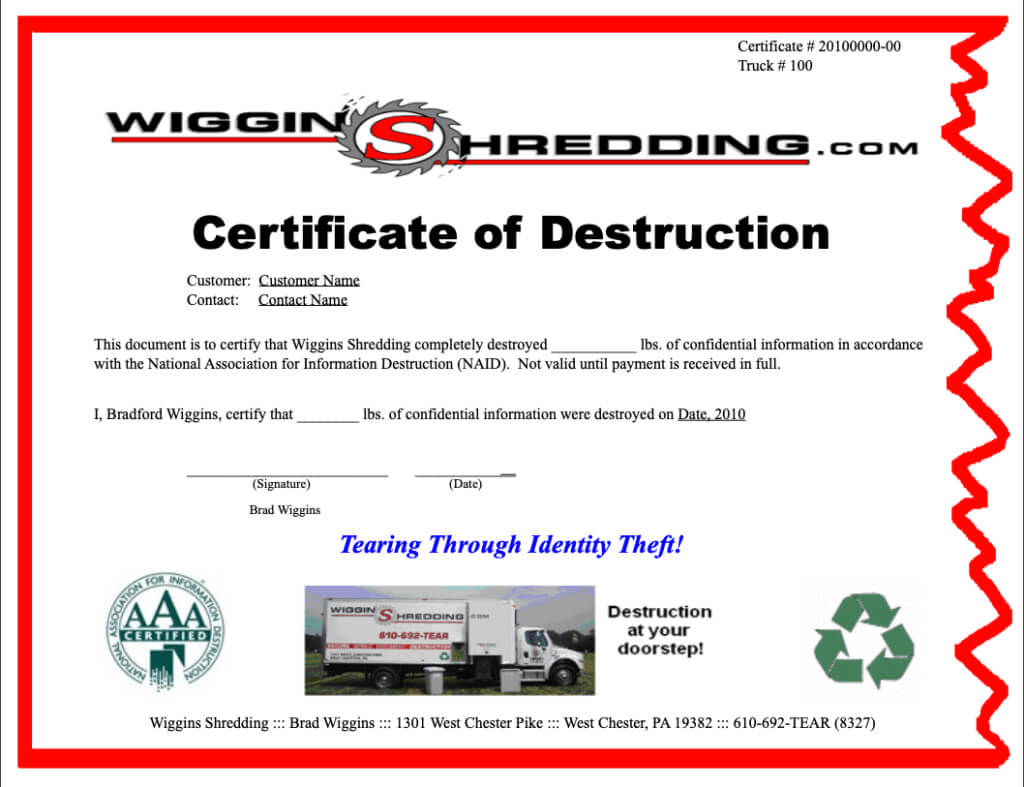 Certificate Of Destuction From Wiggins Shredding In West With Regard To Certificate Of Destruction Template