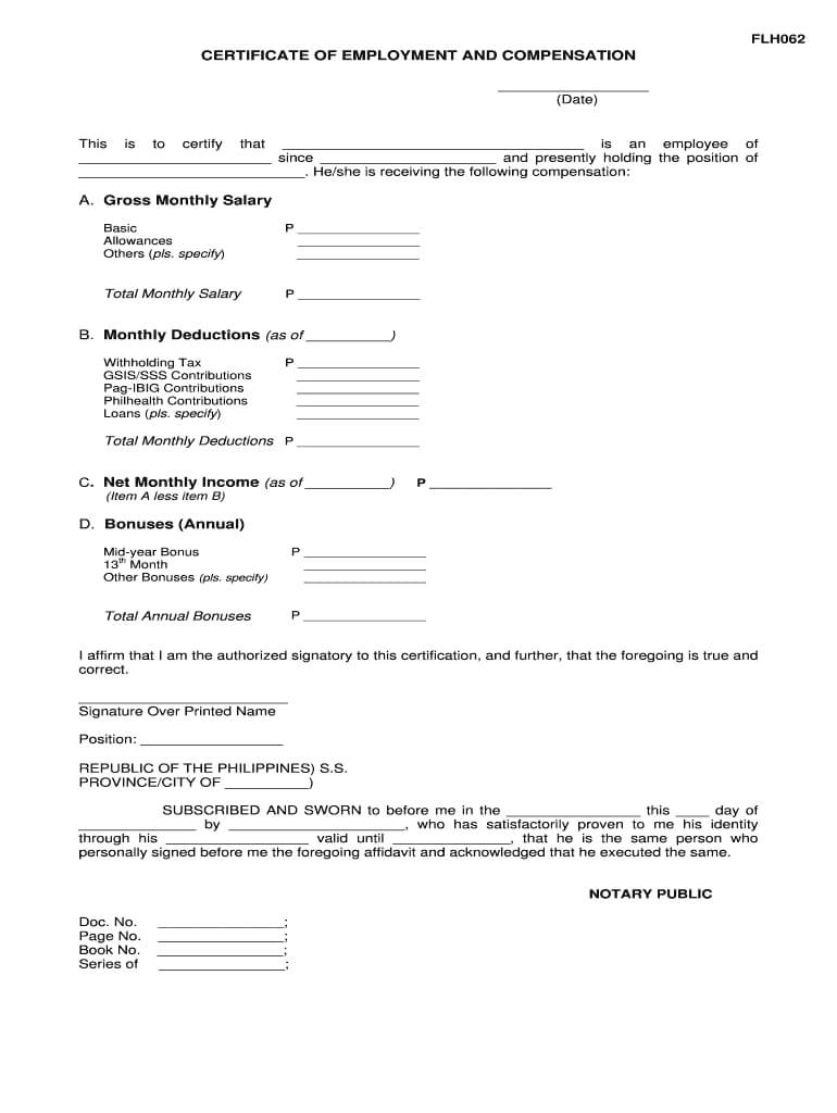 Certificate Of Employment With Compensation – Fill Online In Sample Certificate Employment Template