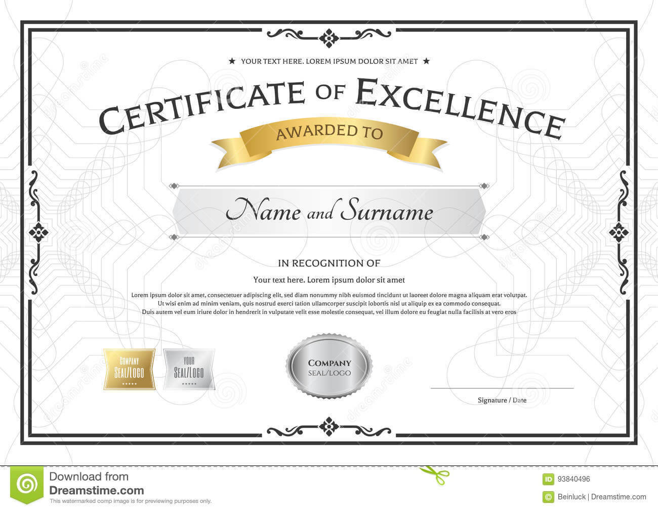 Certificate Of Excellence Template With Gold Award Ribbon On Regarding Award Of Excellence Certificate Template