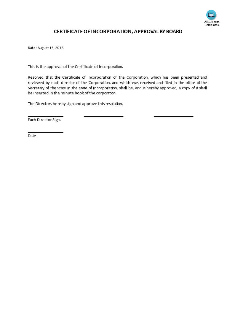 Certificate Of Incorporation, Board Acceptance | Templates At Regarding Certificate Of Acceptance Template