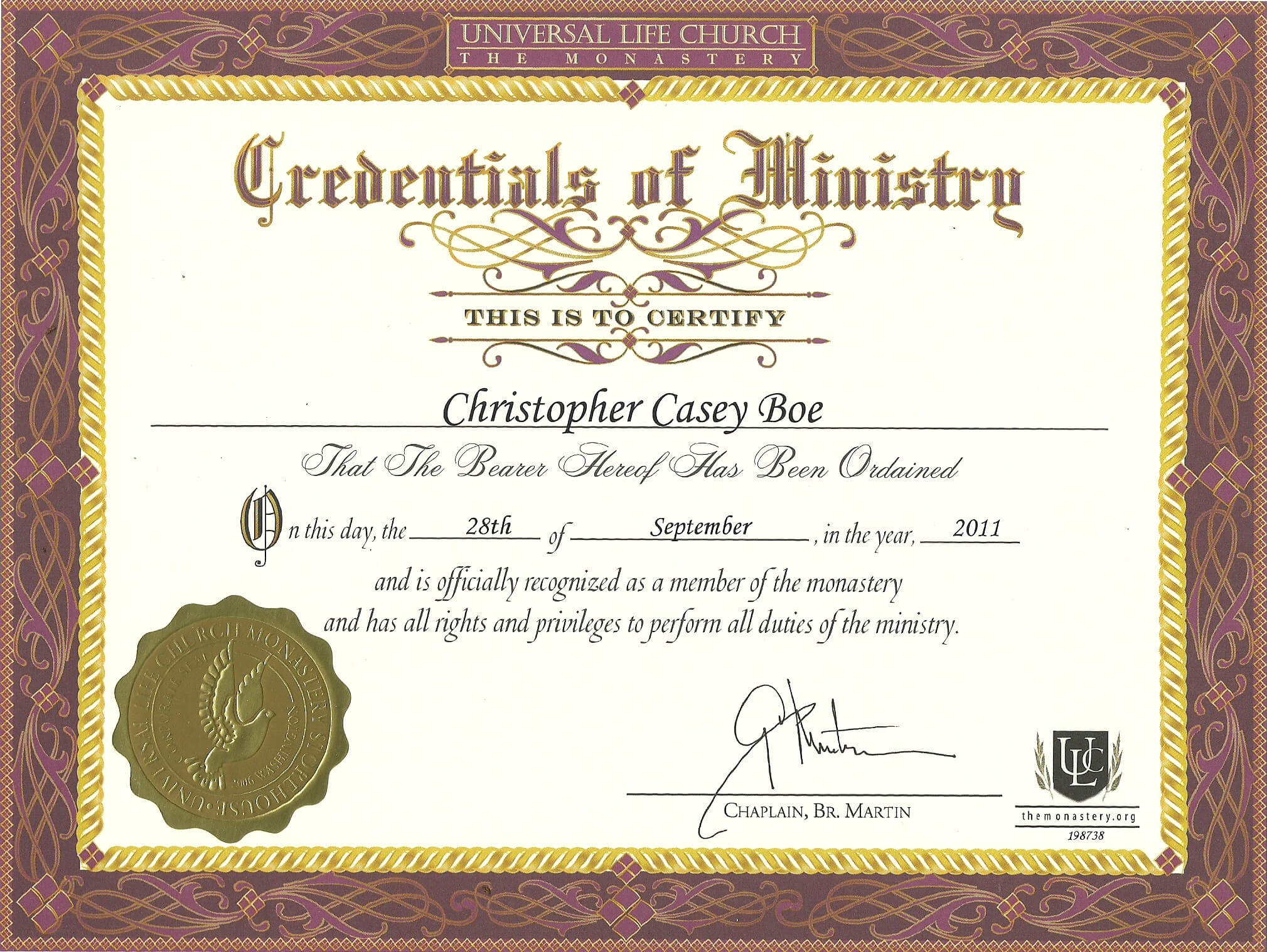 Certificate Of Ordination For Deaconess Example With Regard To Free Ordination Certificate Template