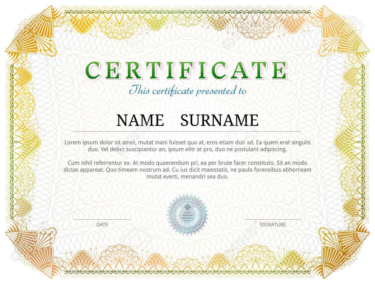 Certificate Template With Guilloche Elements. Yellow Diploma.. Regarding Validation Certificate Template