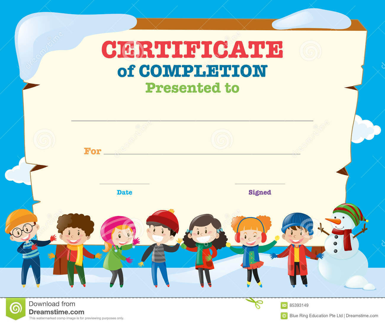Certificate Template With Happy Children In Winter Stock Throughout Basketball Camp Certificate Template