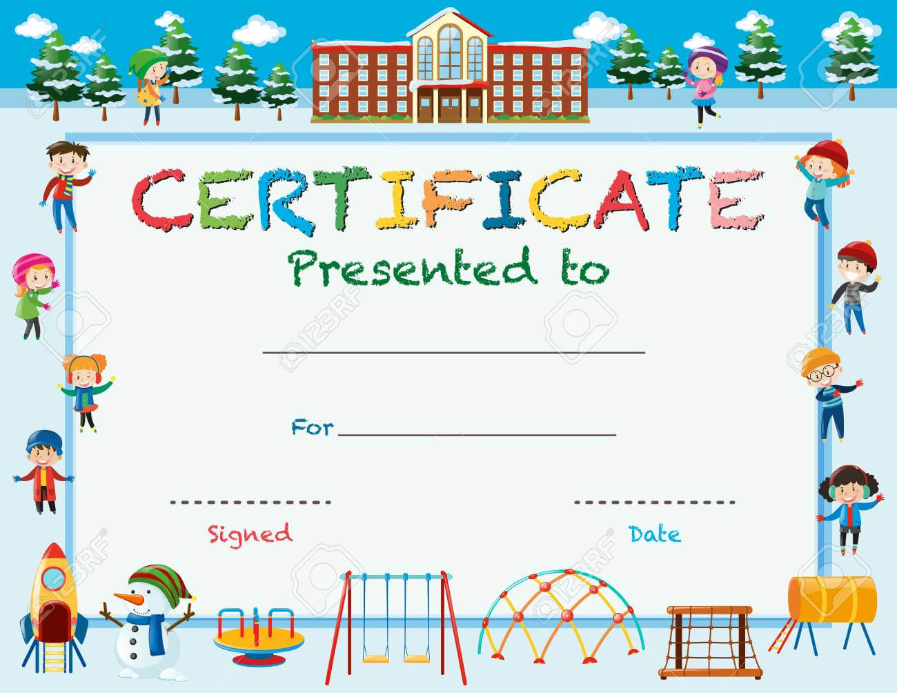 Certificate Template With Kids In Winter At School Illustration For School Certificate Templates Free