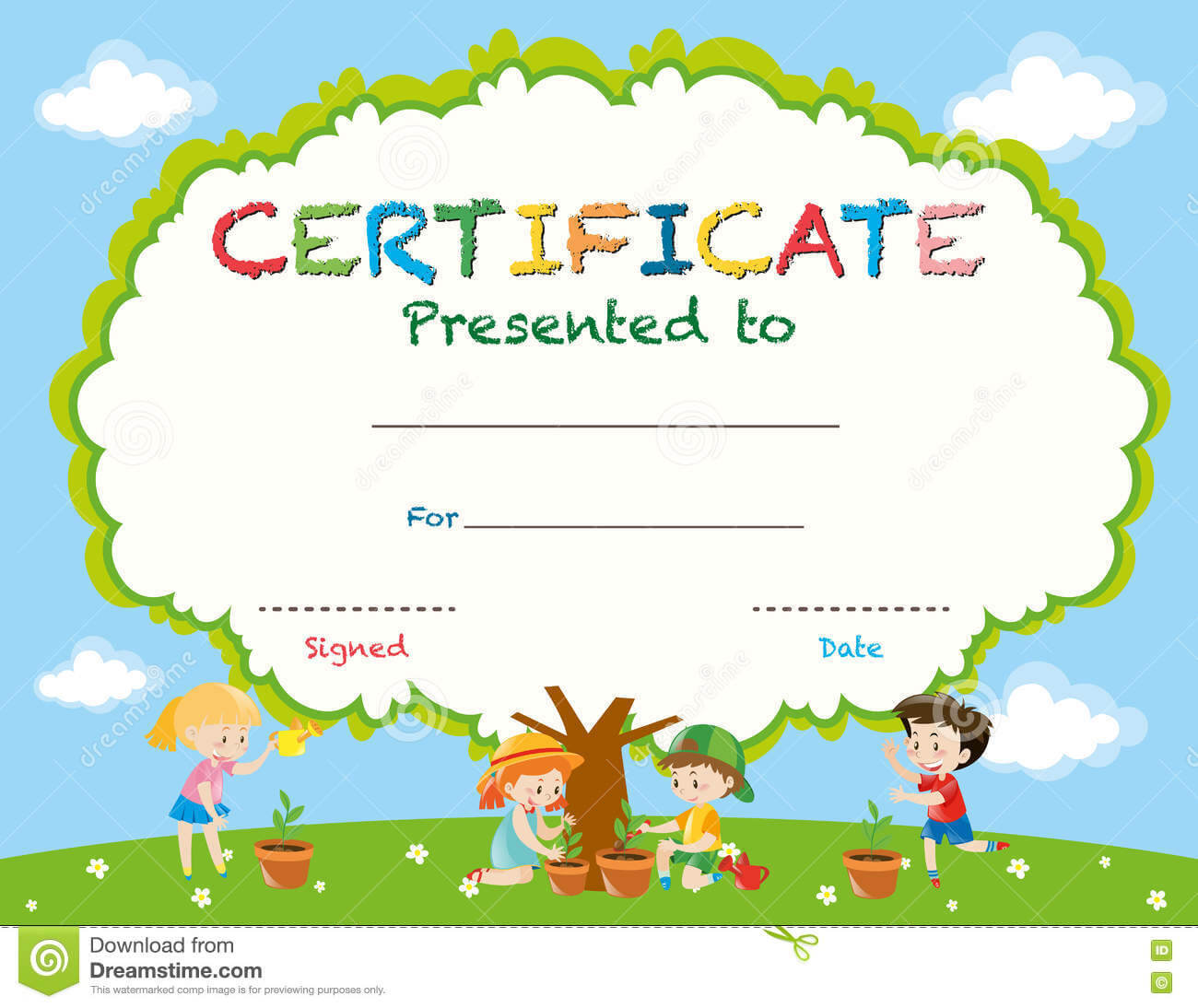 Certificate Template With Kids Planting Trees Stock Vector Regarding Free Kids Certificate Templates