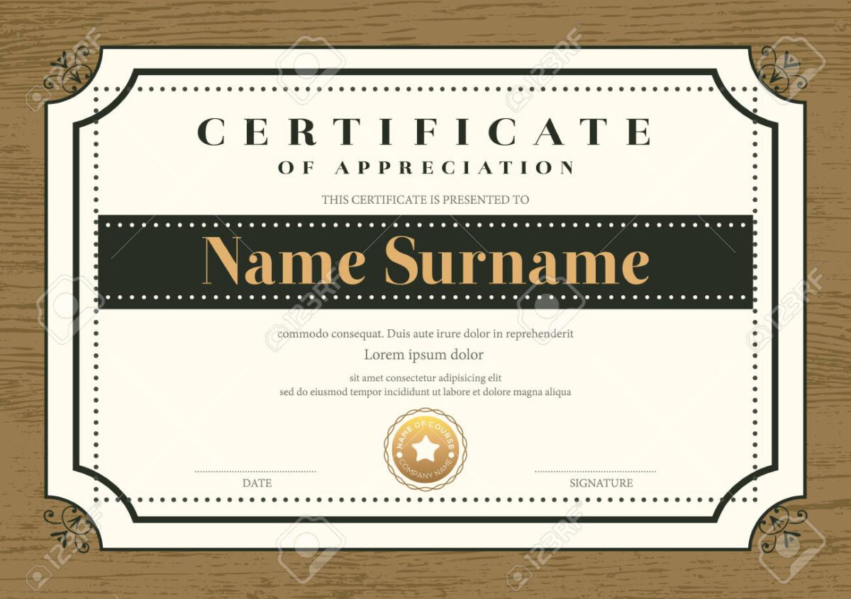 Certificate Template With Vintage Frame On Wooden Background With