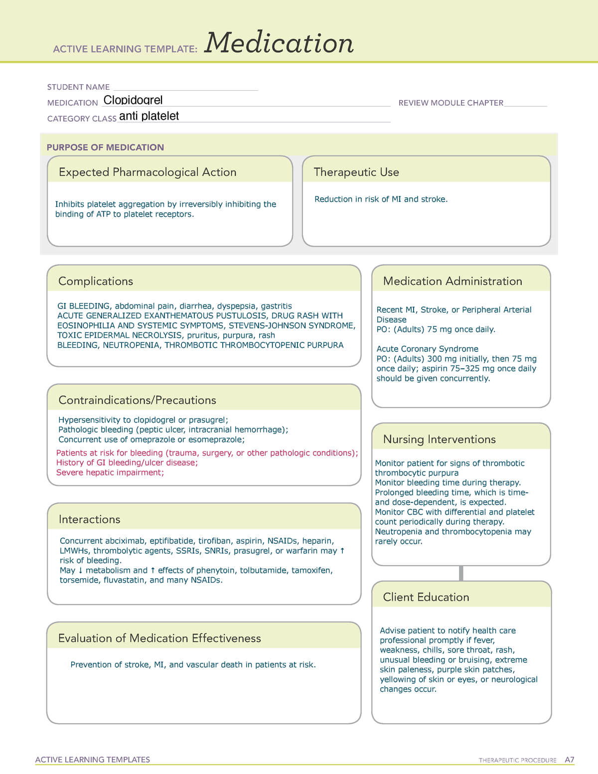 Clopidogrel – Ati Med Template – Nurs125 – Brookdale – Studocu Regarding Pharmacology Drug Card Template